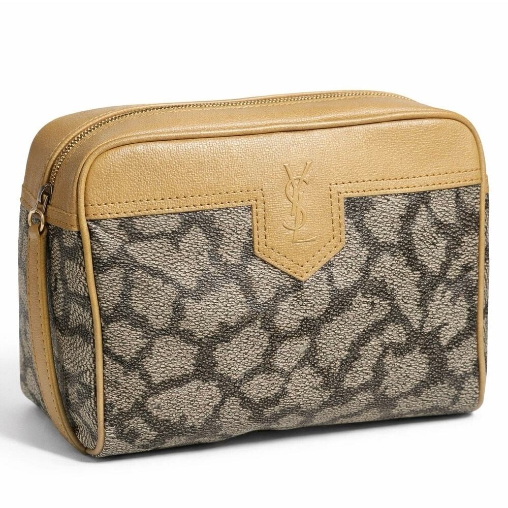 Yves Saint Laurent Monogram‎ Giraffe Print Canvas Clutch  Makeup Bag Beige Gray